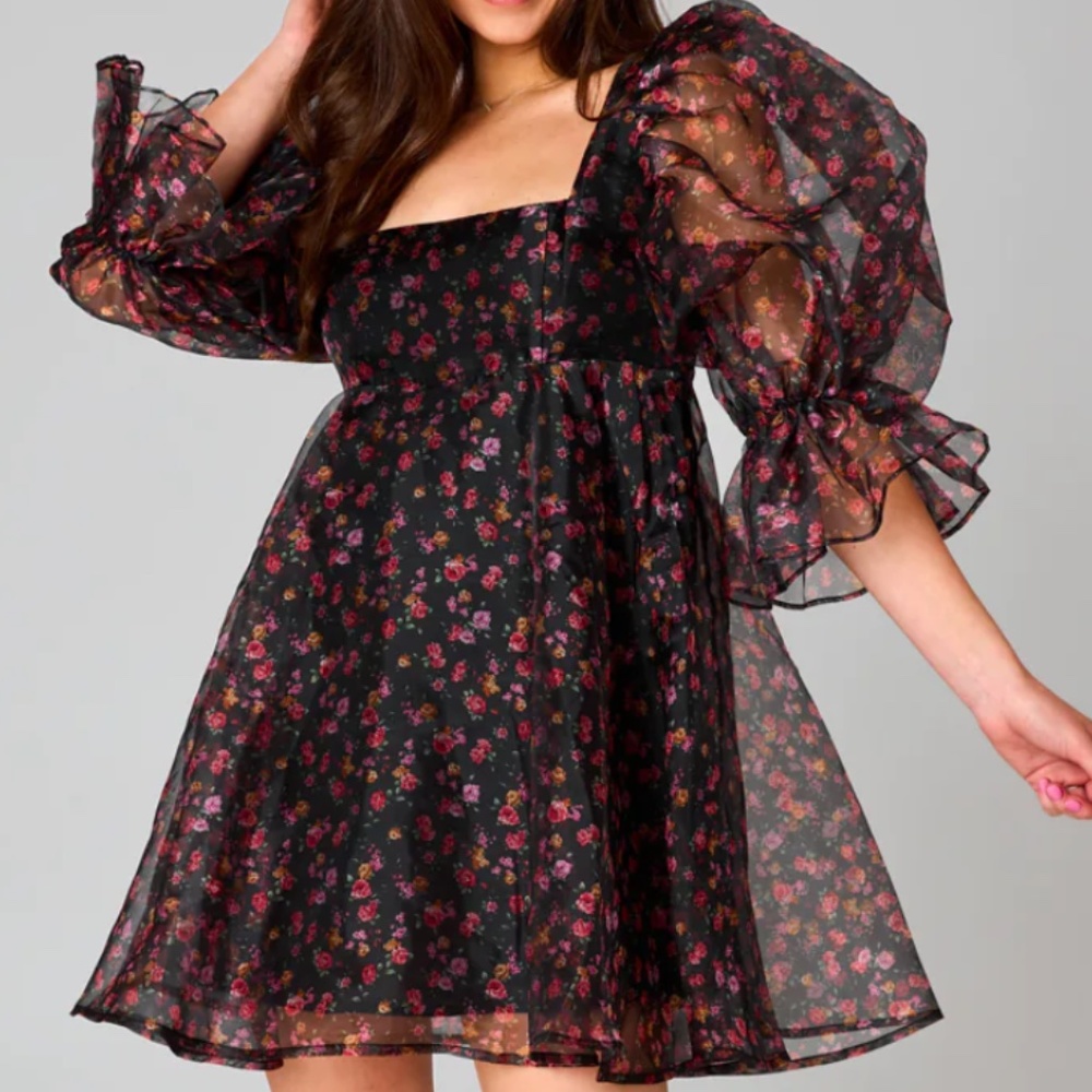 Black Floral, Buddy Love Puff Sleeve Babydoll Dress, Size Small